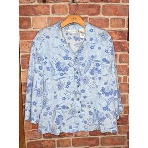 First Issue Liz Claiborne Blue Floral Paisley Button Front Blouse Top XL 3/4 Slv